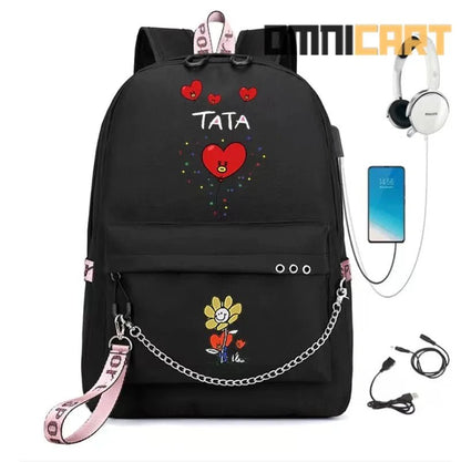 Fashion Black and Pink Backpack with USB and Headphone Port - OmniCart