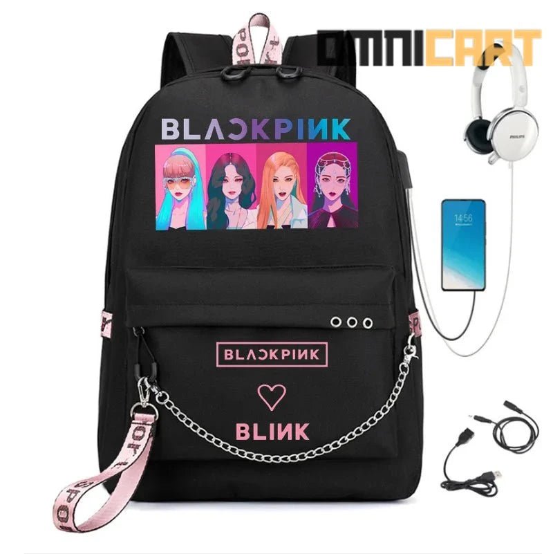 Fashion Black and Pink Backpack with USB and Headphone Port - OmniCart