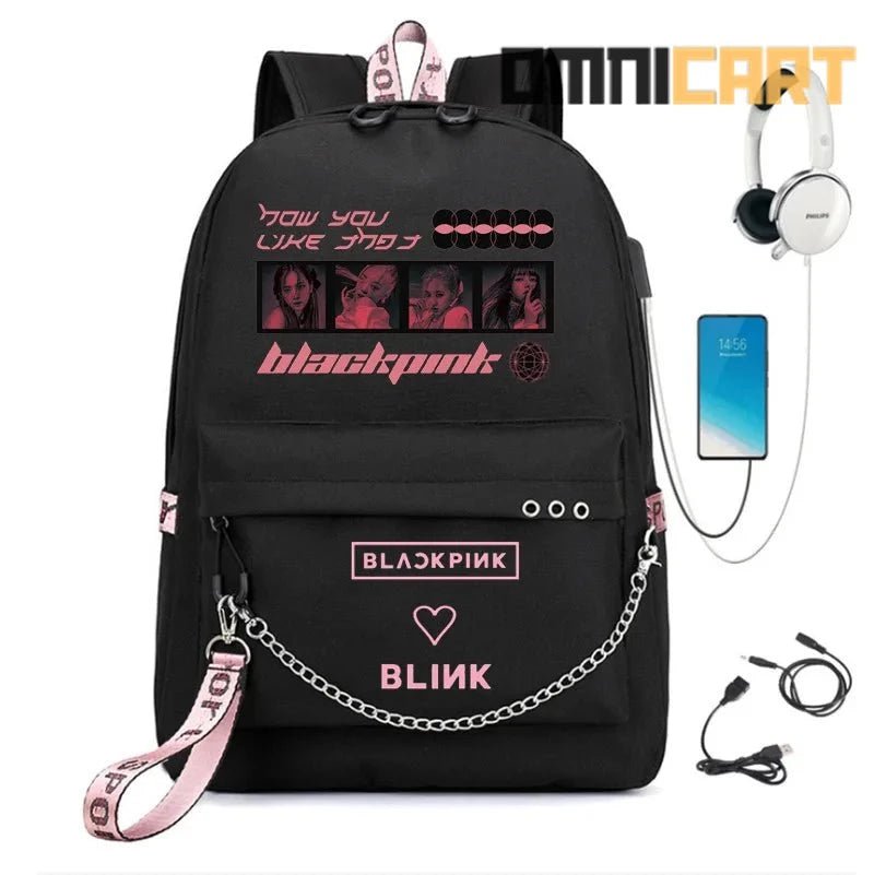 Fashion Black and Pink Backpack with USB and Headphone Port - OmniCart