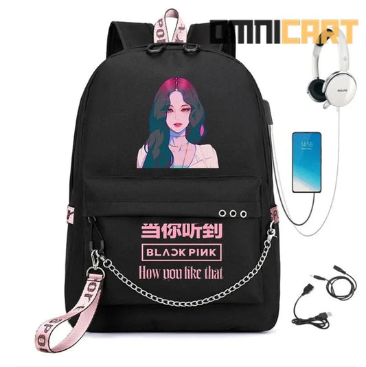 Fashion Black and Pink Backpack with USB and Headphone Port - OmniCart