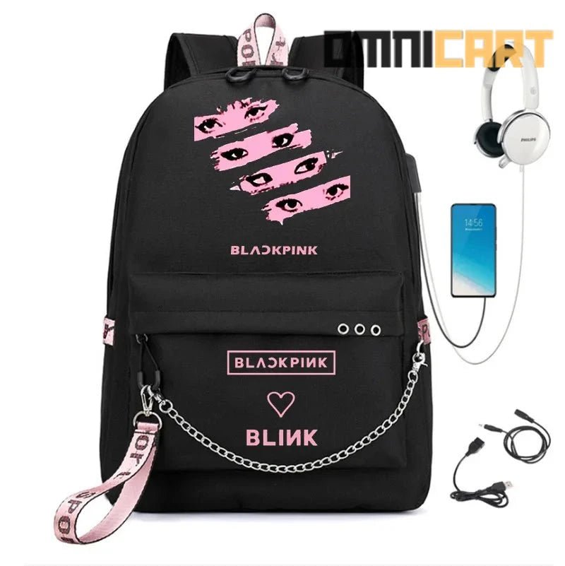 Fashion Black and Pink Backpack with USB and Headphone Port - OmniCart