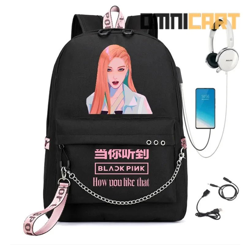 Fashion Black and Pink Backpack with USB and Headphone Port - OmniCart